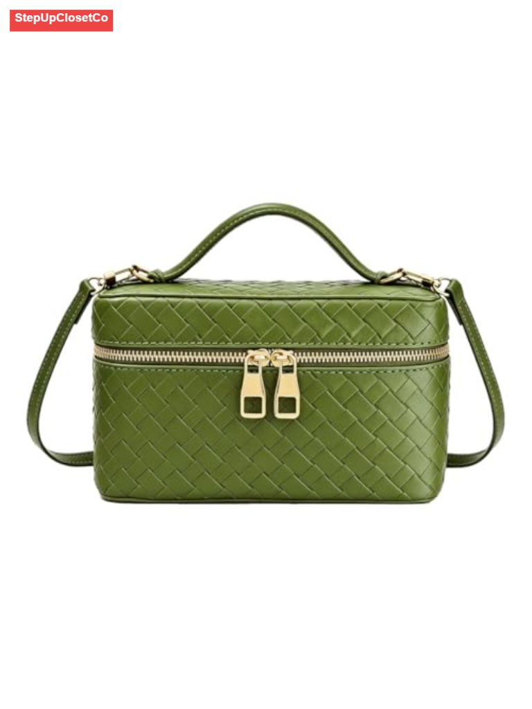 Woven Square Crossbody Satchel Bag Mini Pu Leather Shoulder Purse With